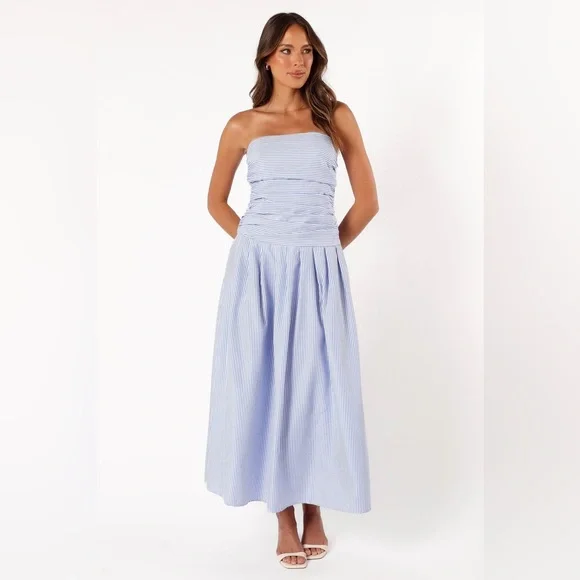 PETAL & PUP AVALEE STRAPLESS MAXI DRESS - BLUE STRIPE XS B371 - Picture 2 of 7